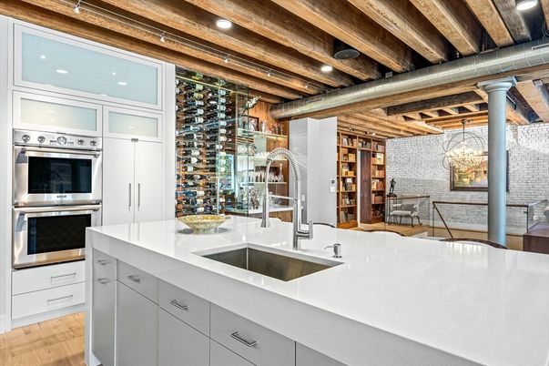 Interior, Kitchen, Recessed Lighting, Stainless Steel Appliances, Wine Storage, Wooden Beams, Wooden Ceilings, Wood Texture Flooring