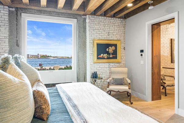 Bedroom, Interior, Recessed Lighting, Stone Walls, Water, Wooden Beams, Wood Texture Flooring