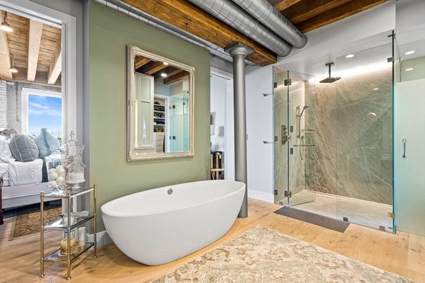 Bathroom, Free Standing Baths, Glass Shower, Interior, Marble Walls, Recessed Lighting, Wooden Beams, Wooden Ceilings, Wood Texture Flooring