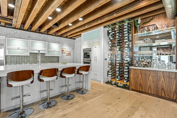 Interior, Kitchen, Recessed Lighting, Stainless Steel Appliances, Stone Walls, Wine Storage, Wooden Beams, Wood Texture Flooring
