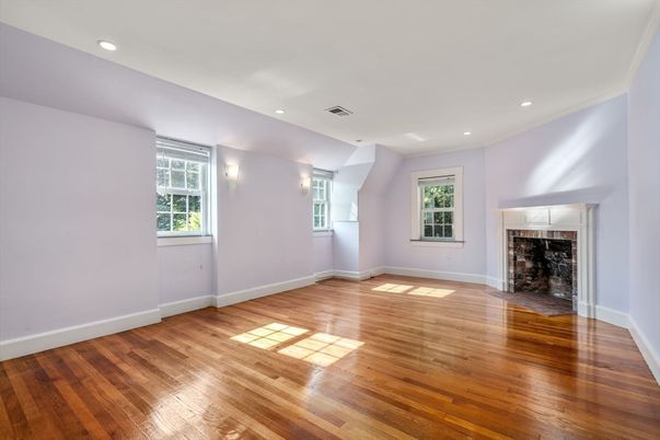 Empty room, Fireplace, Interior, Recessed Lighting, Wood Texture Flooring