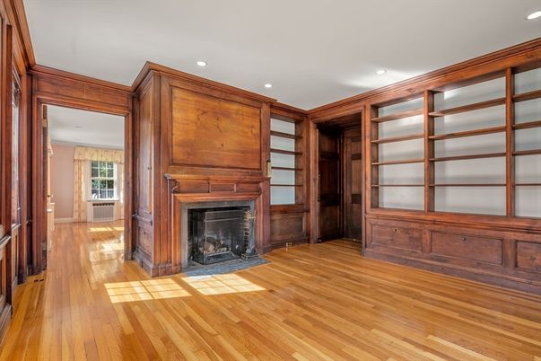 Empty room, Fireplace, Interior, Recessed Lighting, Wood Texture Flooring, Wooden Walls