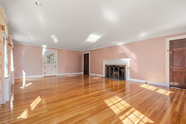 Empty room, Fireplace, Interior, Recessed Lighting, Wood Texture Flooring