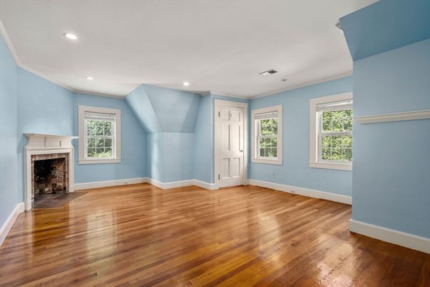 Empty room, Fireplace, Interior, Recessed Lighting, Wood Texture Flooring