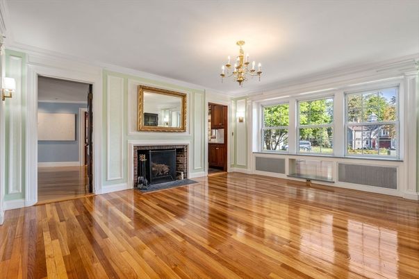 Chandelier, Empty room, Fireplace, Interior, Wood Texture Flooring