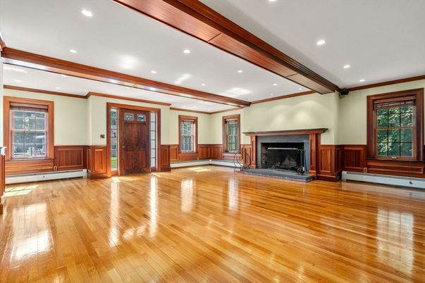 Empty room, Fireplace, Interior, Recessed Lighting, Wood Texture Flooring