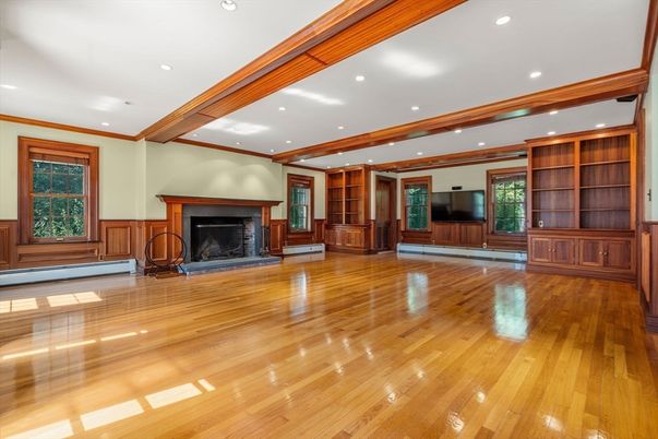 Empty room, Fireplace, Interior, Recessed Lighting, Wooden Beams, Wood Texture Flooring