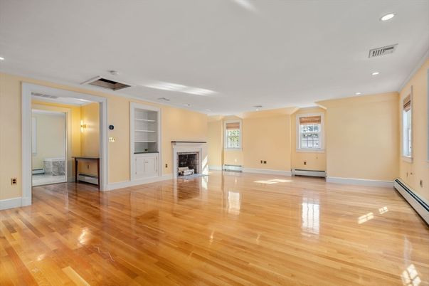 Empty room, Fireplace, Interior, Recessed Lighting, Wood Texture Flooring