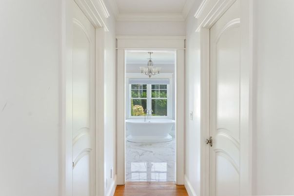 Bathroom, Chandelier, Free Standing Baths, Interior, Marble, Wood Texture Flooring