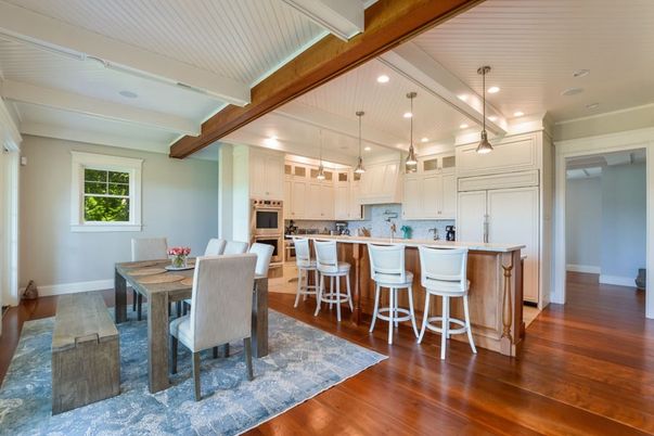 Dining room, Interior, Kitchen, Pendant Lights, Recessed Lighting, Stainless Steel Appliances, Wooden Beams, Wood Texture Flooring