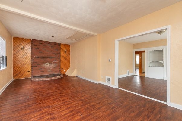 Empty room, Fireplace, Interior, Stone Walls, Wood Texture Flooring