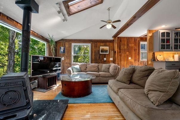 Fireplace, Interior, Living room, Recessed Lighting, Wood Texture Flooring, Wooden Walls