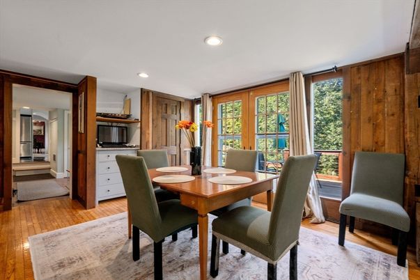 Dining room, Interior, Recessed Lighting, Wood Texture Flooring