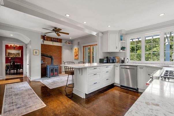 Dining room, Interior, Kitchen, Recessed Lighting, Stone Walls, Wood Texture Flooring