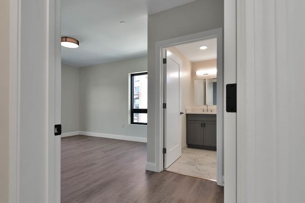 Bathroom, Interior, Marble, Recessed Lighting, Wood Texture Flooring