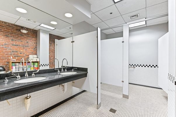 Bathroom, Dual Sink Vanities, Interior, Recessed Lighting, Stone Walls