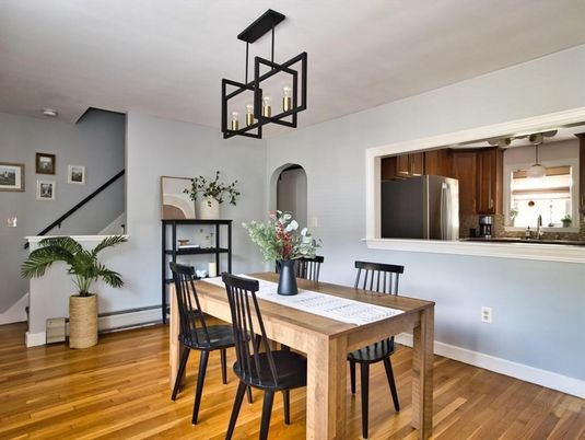 Dining room, Interior, Kitchen, Pendant Lights, Wood Texture Flooring