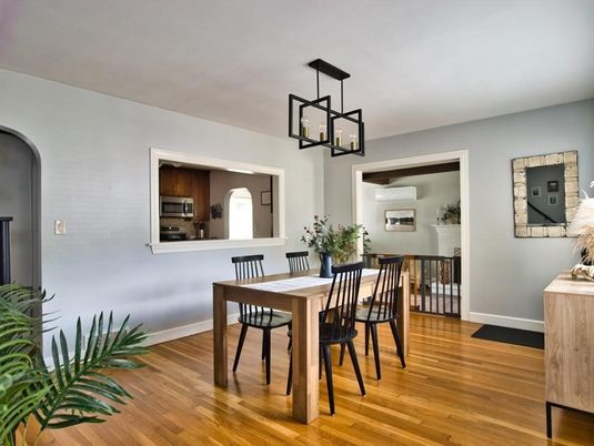 Dining room, Interior, Kitchen, Pendant Lights, Stainless Steel Appliances, Wood Texture Flooring