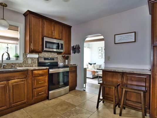 Interior, Kitchen, Living room, Pendant Lights, Stainless Steel Appliances, Wood Texture Flooring