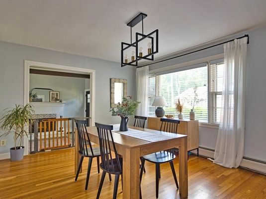 Dining room, Interior, Pendant Lights, Wood Texture Flooring