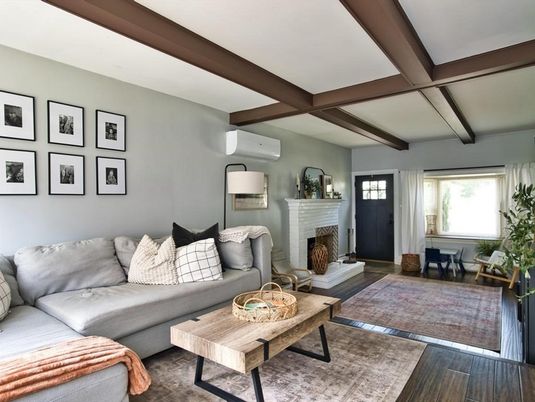Fireplace, Interior, Living room, Wooden Beams, Wood Texture Flooring