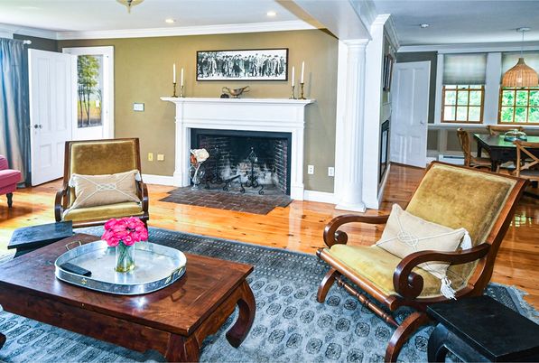 Dining room, Fireplace, Interior, Living room, Pendant Lights, Recessed Lighting, Wood Texture Flooring