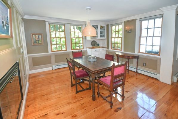 Dining room, Interior, Pendant Lights, Wood Texture Flooring
