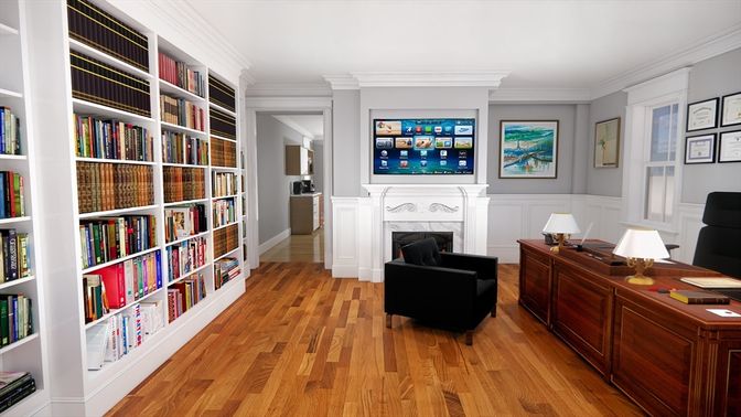Fireplace, Home Office, Interior, Wood Texture Flooring