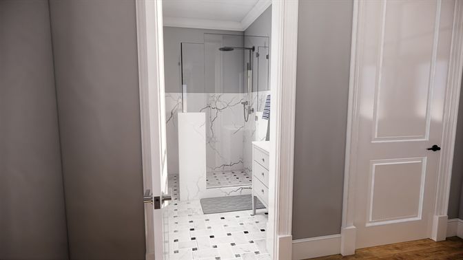 Bathroom, Interior, Marble, Marble Walls, Wood Texture Flooring