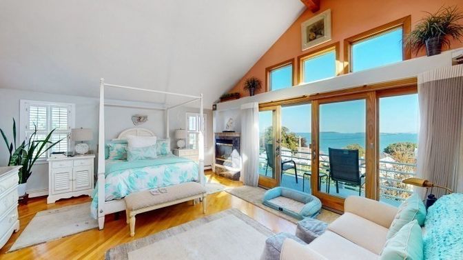 Bedroom, Fireplace, Interior, Water, Wood Texture Flooring