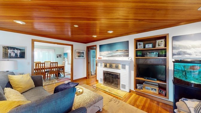 Dining room, Fireplace, Interior, Living room, Recessed Lighting, Wooden Ceilings, Wood Texture Flooring