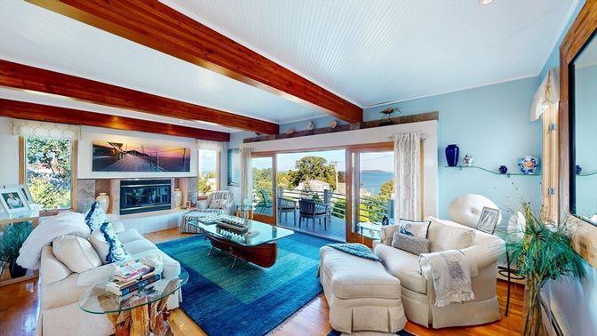 Fireplace, Interior, Living room, Recessed Lighting, Water, Wooden Beams, Wood Texture Flooring