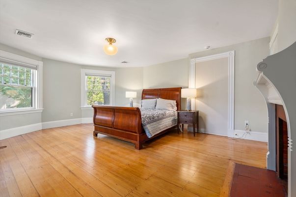 Bedroom, Fireplace, Interior, Wood Texture Flooring
