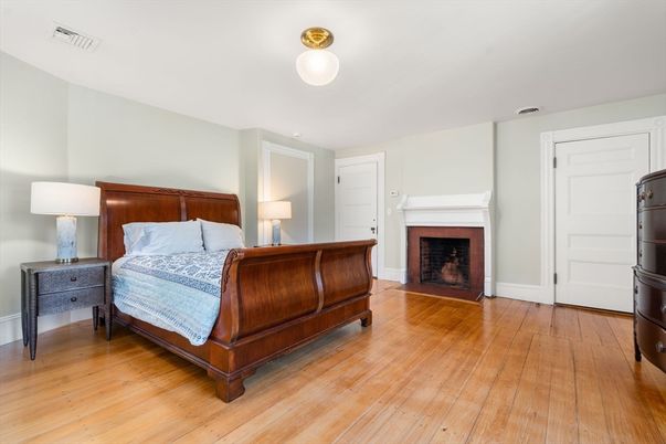 Bedroom, Fireplace, Interior, Wood Texture Flooring