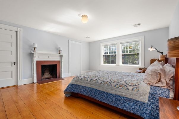 Bedroom, Fireplace, Interior, Wood Texture Flooring