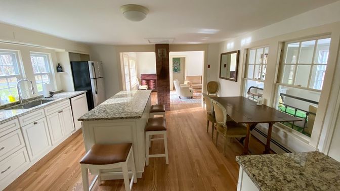 Dining room, Fireplace, Interior, Kitchen, Wood Texture Flooring