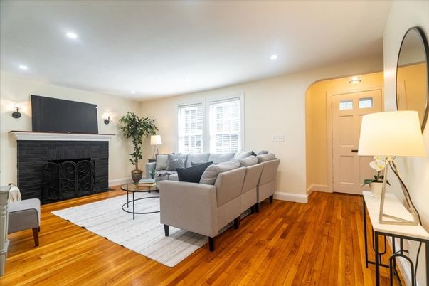Fireplace, Interior, Living room, Recessed Lighting, Wood Texture Flooring