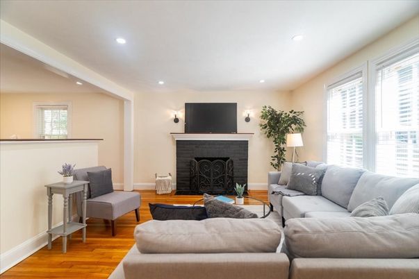 Fireplace, Interior, Living room, Recessed Lighting, Wood Texture Flooring