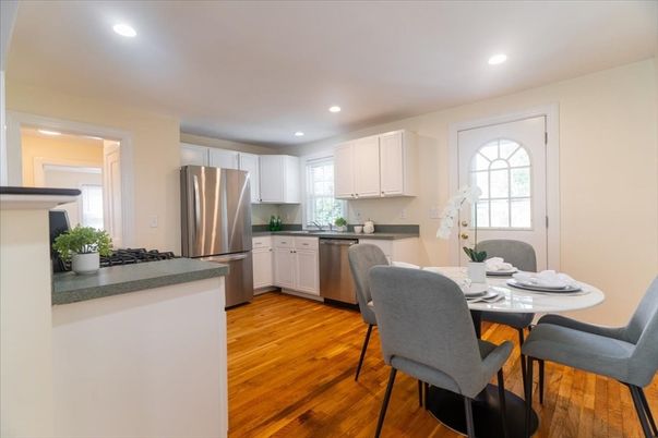 Dining room, Interior, Kitchen, Recessed Lighting, Stainless Steel Appliances, Wood Texture Flooring