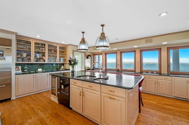 Interior, Kitchen, Pendant Lights, Recessed Lighting, Stainless Steel Appliances, Water, Wood Texture Flooring
