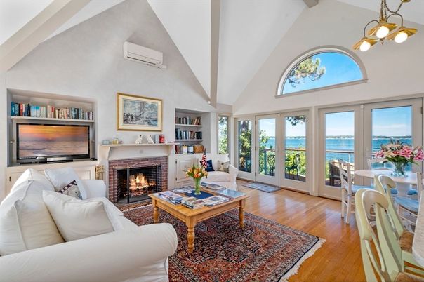 Fireplace, Interior, Living room, Pendant Lights, Water, Wood Texture Flooring