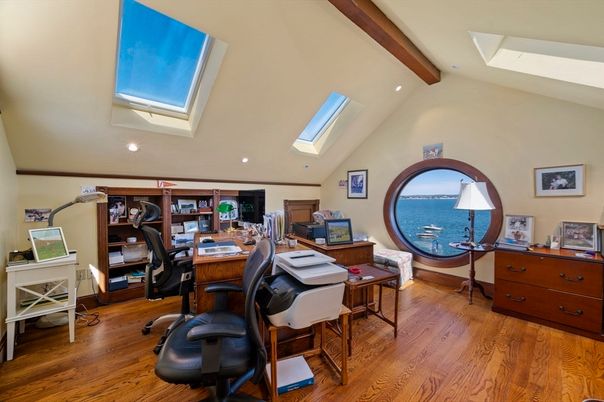 Home Office, Interior, Recessed Lighting, Water, Wooden Beams, Wood Texture Flooring