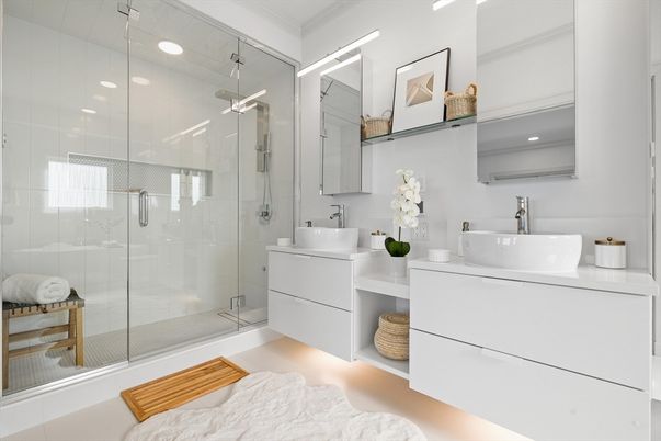 Bathroom, Dual Sink Vanities, Glass Shower, Interior, Recessed Lighting