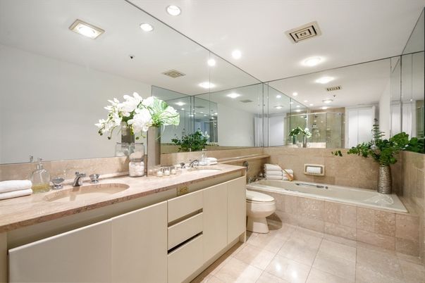 Bathroom, Dual Sink Vanities, Glass Shower, Interior, Recessed Lighting
