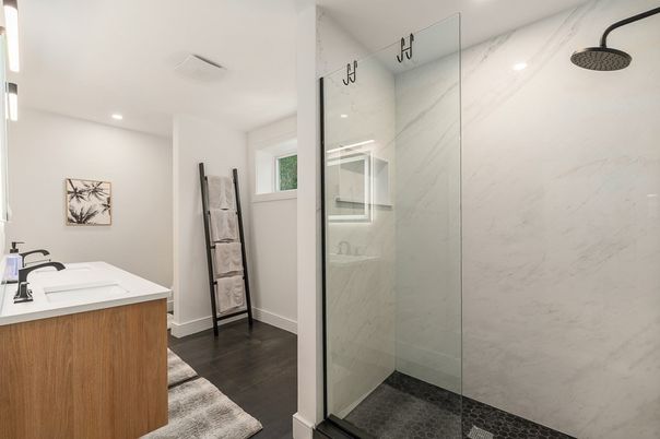 Bathroom, Glass Shower, Interior, Marble Walls, Recessed Lighting