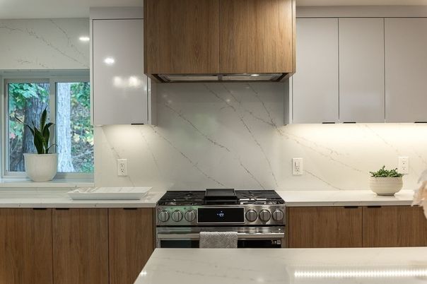 Interior, Kitchen, Marble Walls, Recessed Lighting, Stainless Steel Appliances