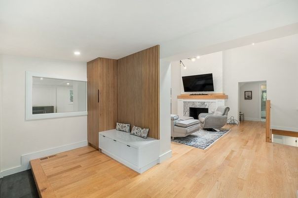 Fireplace, Interior, Recessed Lighting, Wood Texture Flooring