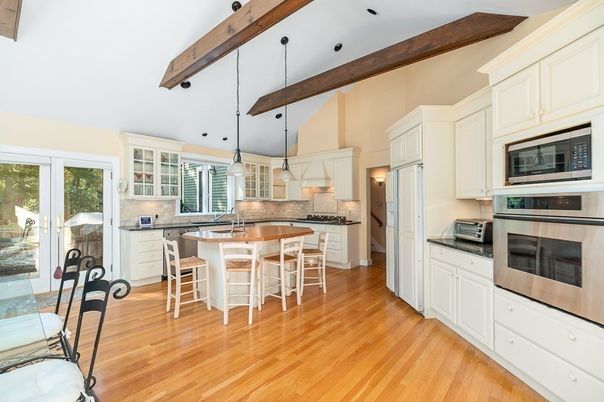 Interior, Kitchen, Pendant Lights, Recessed Lighting, Stainless Steel Appliances, Wooden Beams, Wood Texture Flooring