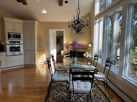 Dining room, Fireplace, Interior, Kitchen, Pendant Lights, Stainless Steel Appliances, Wooden Beams, Wood Texture Flooring