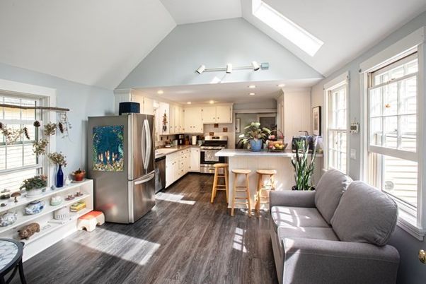 Interior, Kitchen, Living room, Recessed Lighting, Stainless Steel Appliances, Wood Texture Flooring
